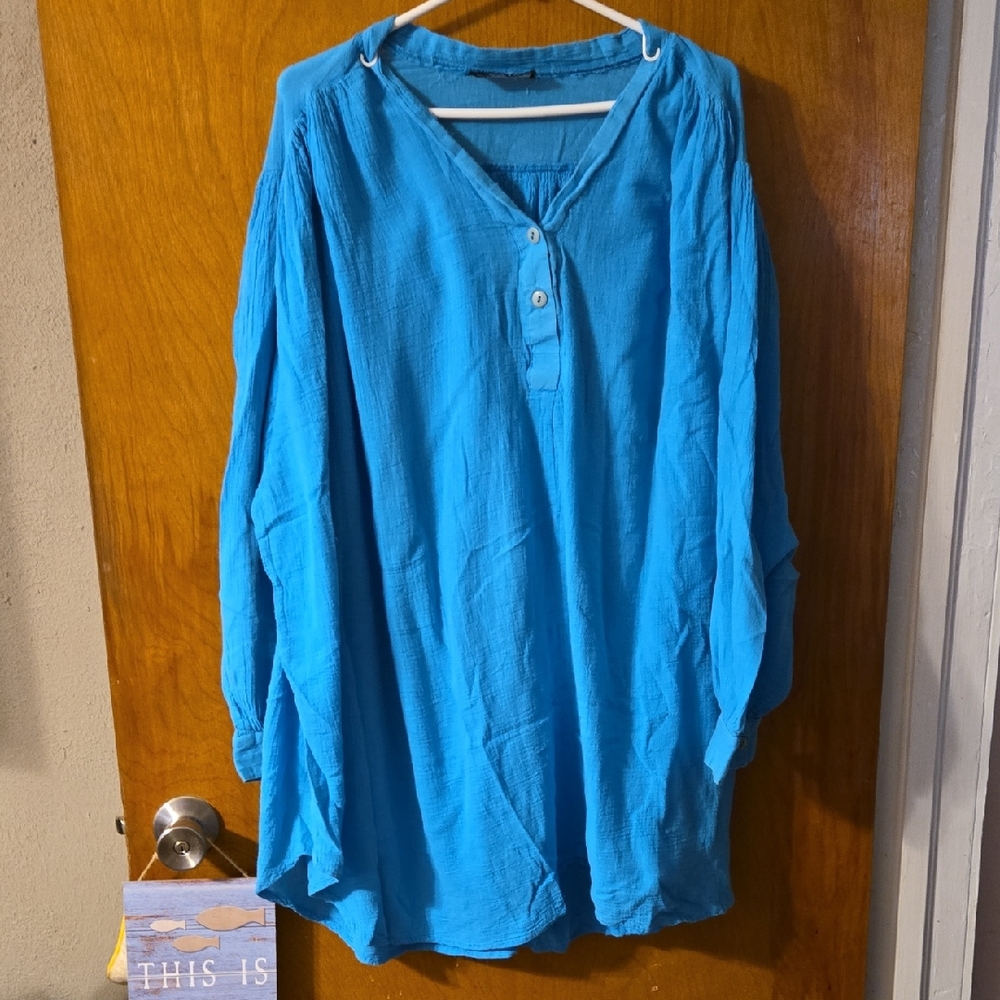 Blue Button-Up Guaze Tunic 3X: 3XA